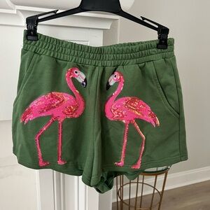 Queen of Sparkles XS Green & Pink Flamingo Shorts NWT